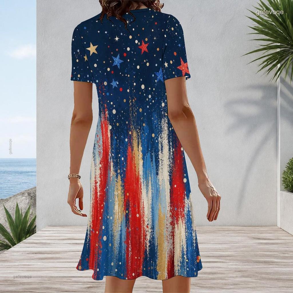 Women Plus Size Round Neck Short Sleeve Star Printed A Line Dress Red White Blue
