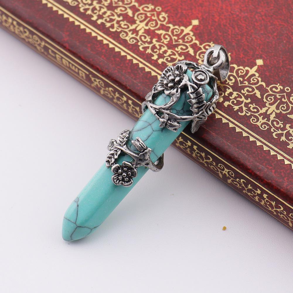 Natural Stone Bullet Crystal Hexagonal Pendant Necklace with Rose Plum Blossom Design синтетический бирюзовый