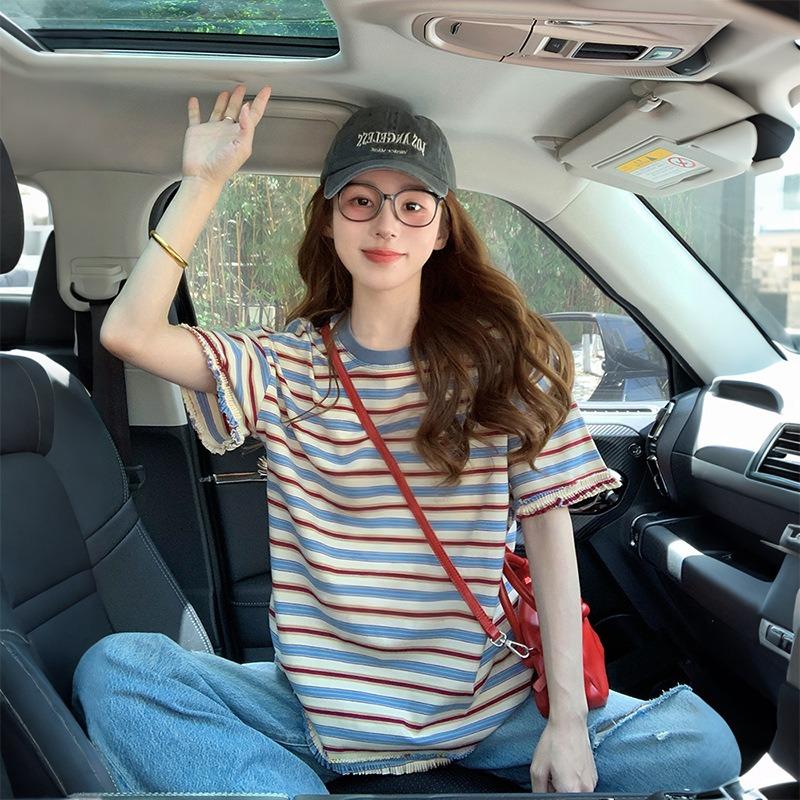 Women's Multicolor Striped T-Shirt - Raw Hem Oversized Short-Sleeve Top