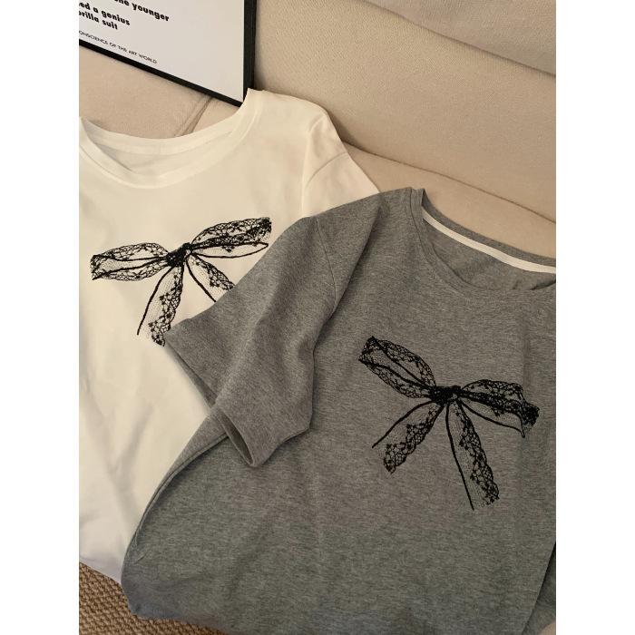 Korean lace bow print short-sleeved t-shirt women's summer new foreign style versatile small cotton top trendy