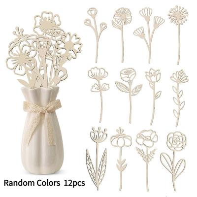 12PCS New 18 Kinds of Wooden Wildflower Decoration Set DIY Wooden Flower Hollow Logo Family Holiday Vase Insert Random Colors 12pcs