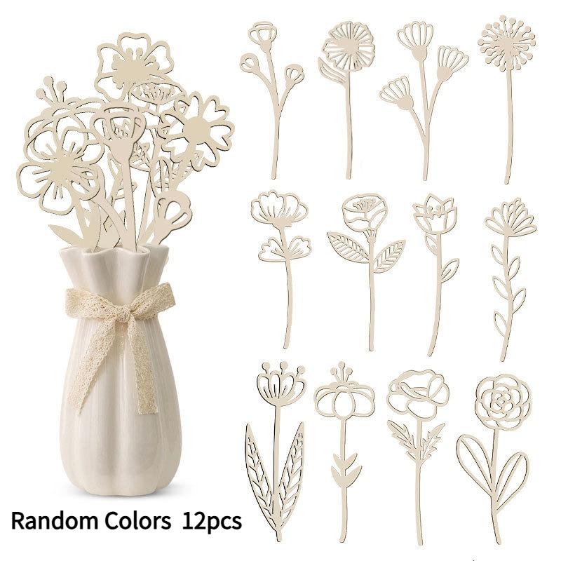 12PCS New 18 Kinds of Wooden Wildflower Decoration Set DIY Wooden Flower Hollow Logo Family Holiday Vase Insert Random Colors 12pcs