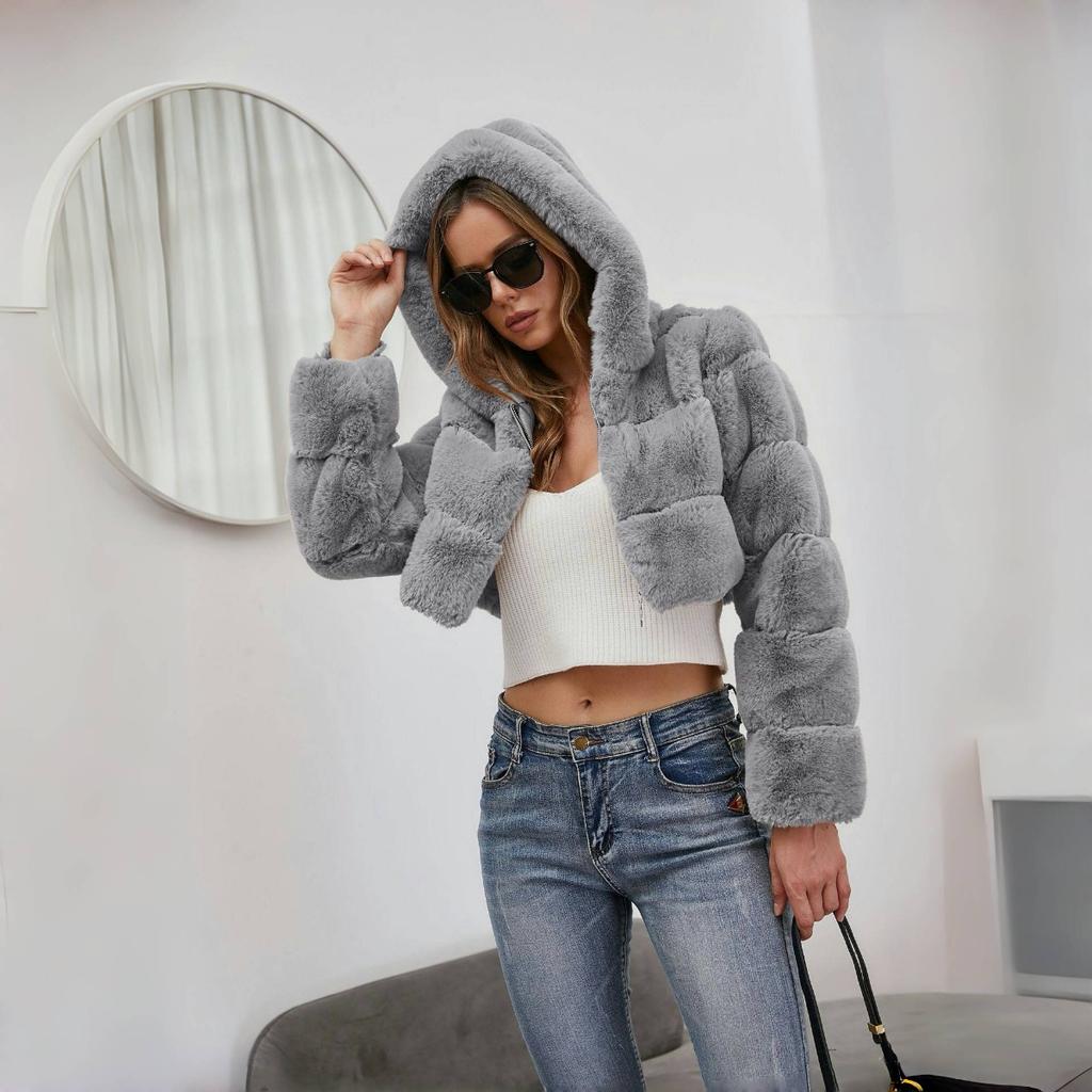 Y2k Streetwear Women Autumn Winter Faux Fur Coat Hooded Cropped Jacket Fur Coat Long Sleeve Cardigan Soft Tops Vintage Harajuku