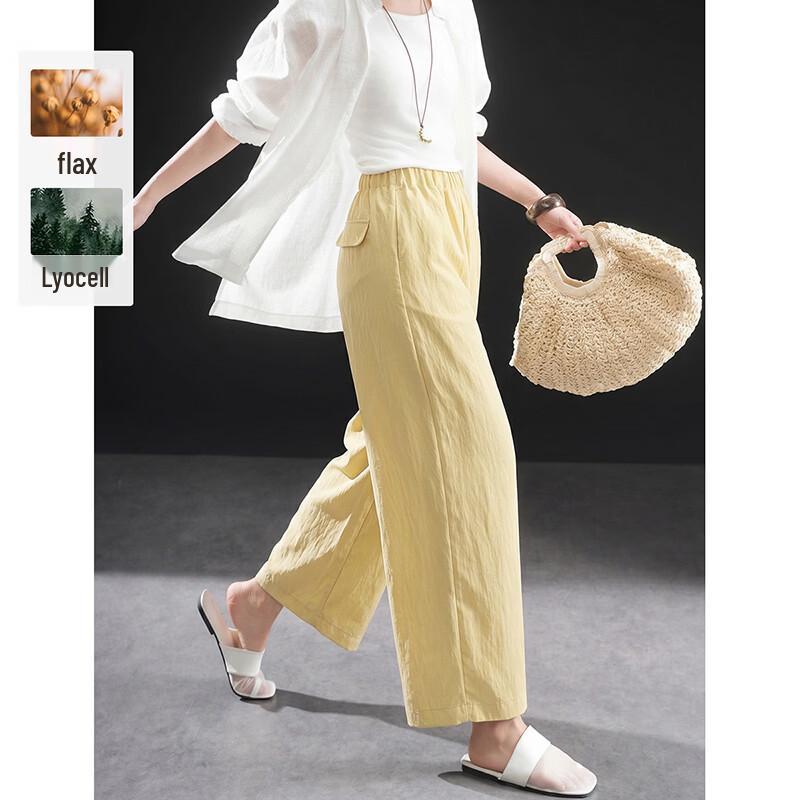 Wudao Women s Tencel Linen Blend High-Waist Cropped Pants L