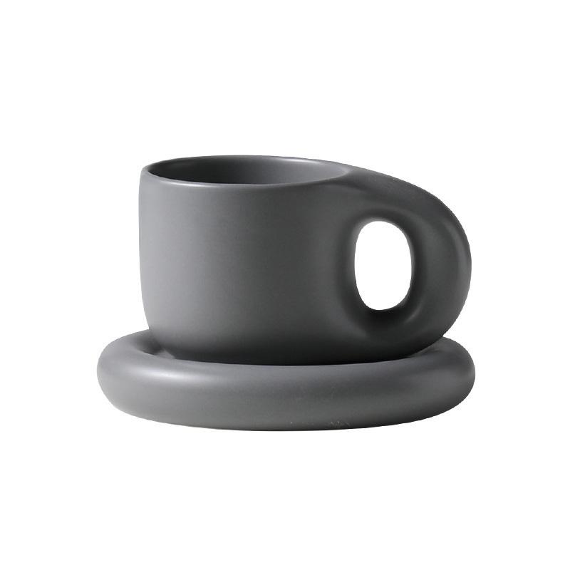 1Set 350ml Ceramic Coffee Chubby Mug Saucer Set Creative Cute Fat Handle Cup with Saucer for Office and Home Room Decor