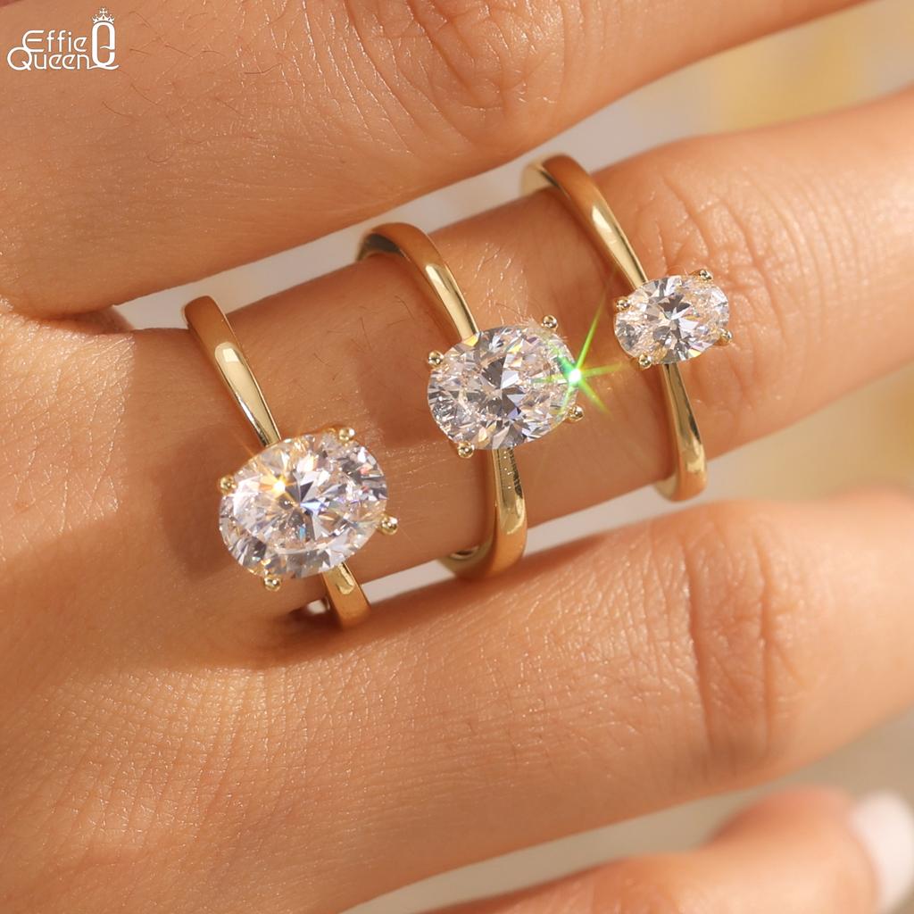 Effie Queen Genuine 925 Silver 14k Gold 8A Oval Zirconia Ring Simple Jewelry for Women, Men Banquet Party Birthdays Gift LZR35