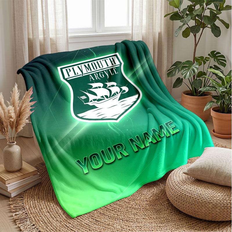 Plymouth Argyle FC Custom Name Text Flannel Blanket Soccer Logo Personalized Fleece Throw Blanket Special Gift For Sofa Bedroom Home