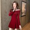One-word shoulder mesh splicing red long-sleeved dress women's autumn and winter temperament sexy waist a-word dress short skirt