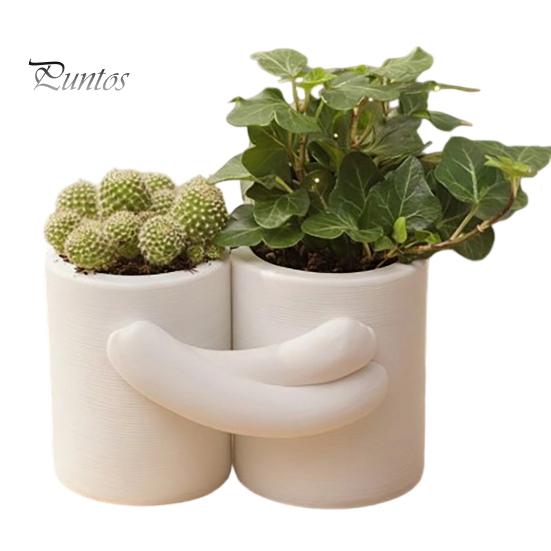 Breathable Plant Pot Hug Design Flowerpot, White Matte Texture 3D Printed Double Basin Small Green Planter, Nordic Style for Desktop Decoration белый