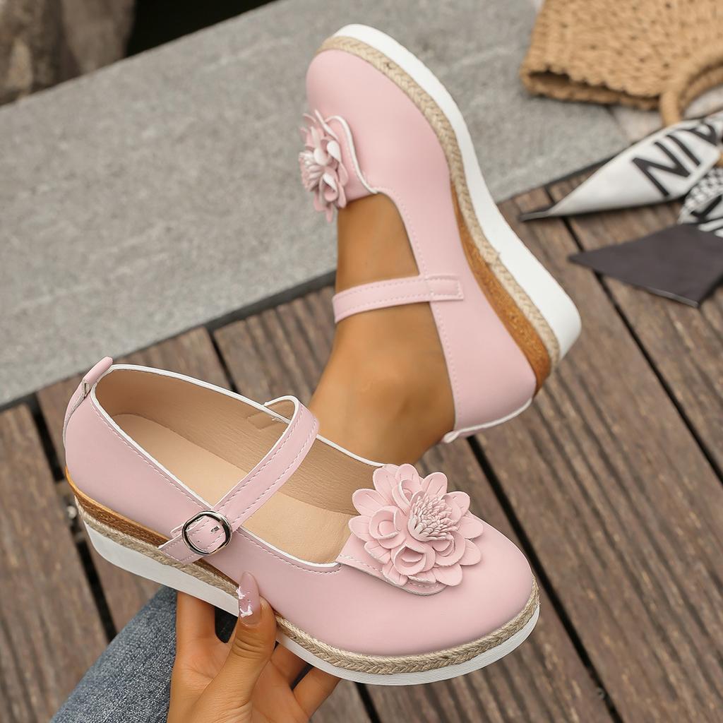 Plus Size Shoes for Women 36-44 Autumn Fashion Platform Wedges Buckle Strap Flats Shoes Zapatos De Mujer with Flower Footwear