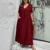 Plus Size Women V Neck Short Sleeve Loose A Line Long Dress With Pockets