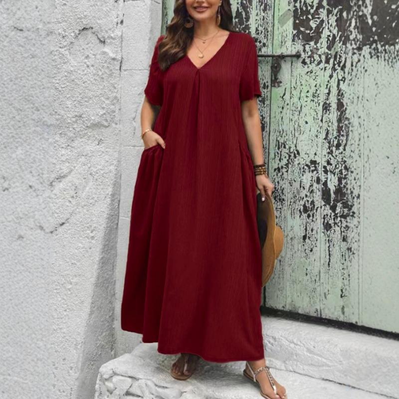 Plus Size Women V Neck Short Sleeve Loose A Line Long Dress With Pockets