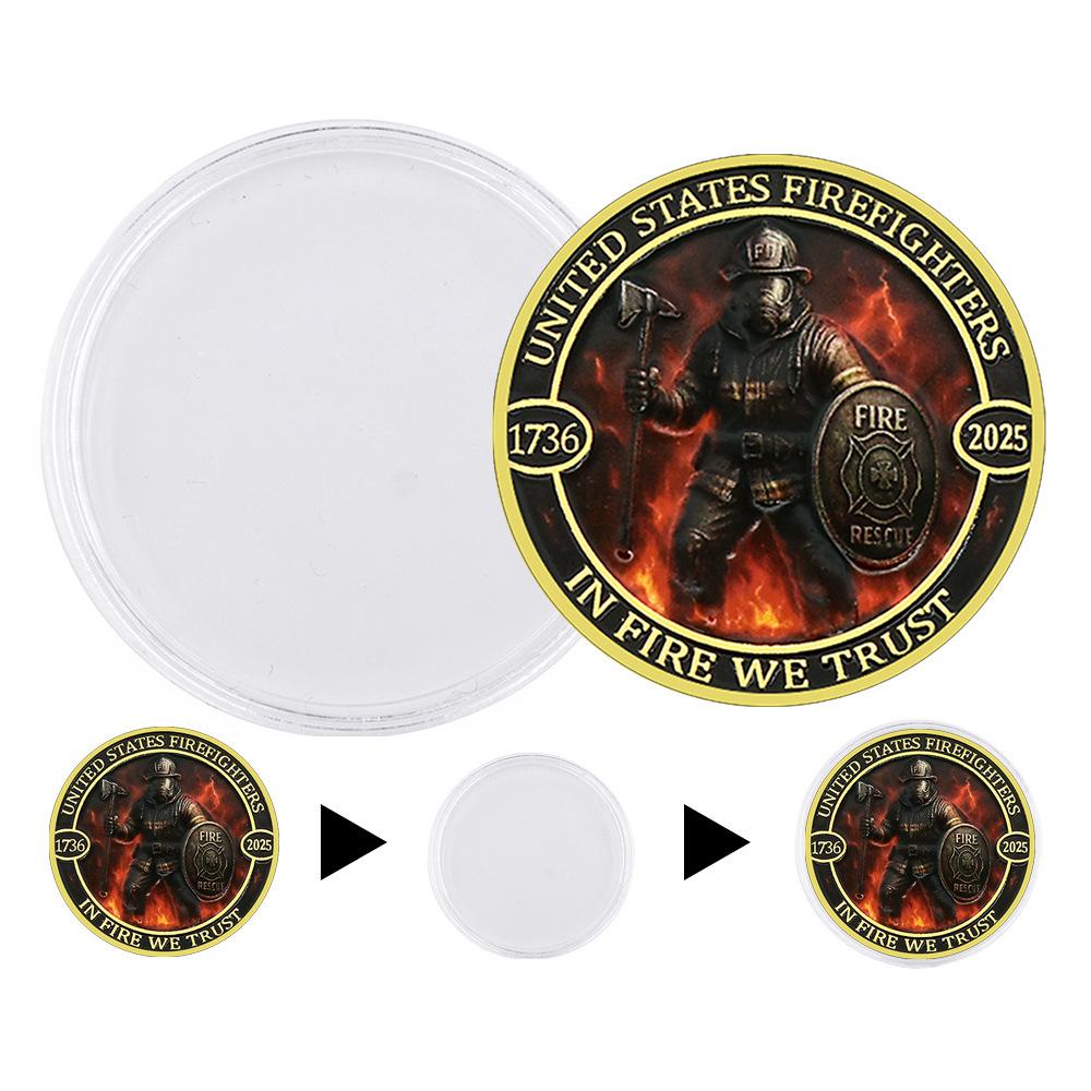 US Fire Brigade Commemorative Coin, Fire-resistant, Gold-plated, Double-sided Color Printed Embossed Metal, Commemorative Medal, Medal