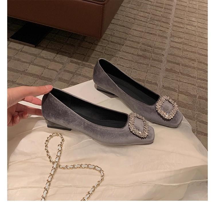 Sheepskin~ Grape Mom Noble Velvet Rhinestone Square Buckle Shallow Mouth Low Heel Single Shoes Women's Commuting Versatile Flat Bottom Banquet Shoes