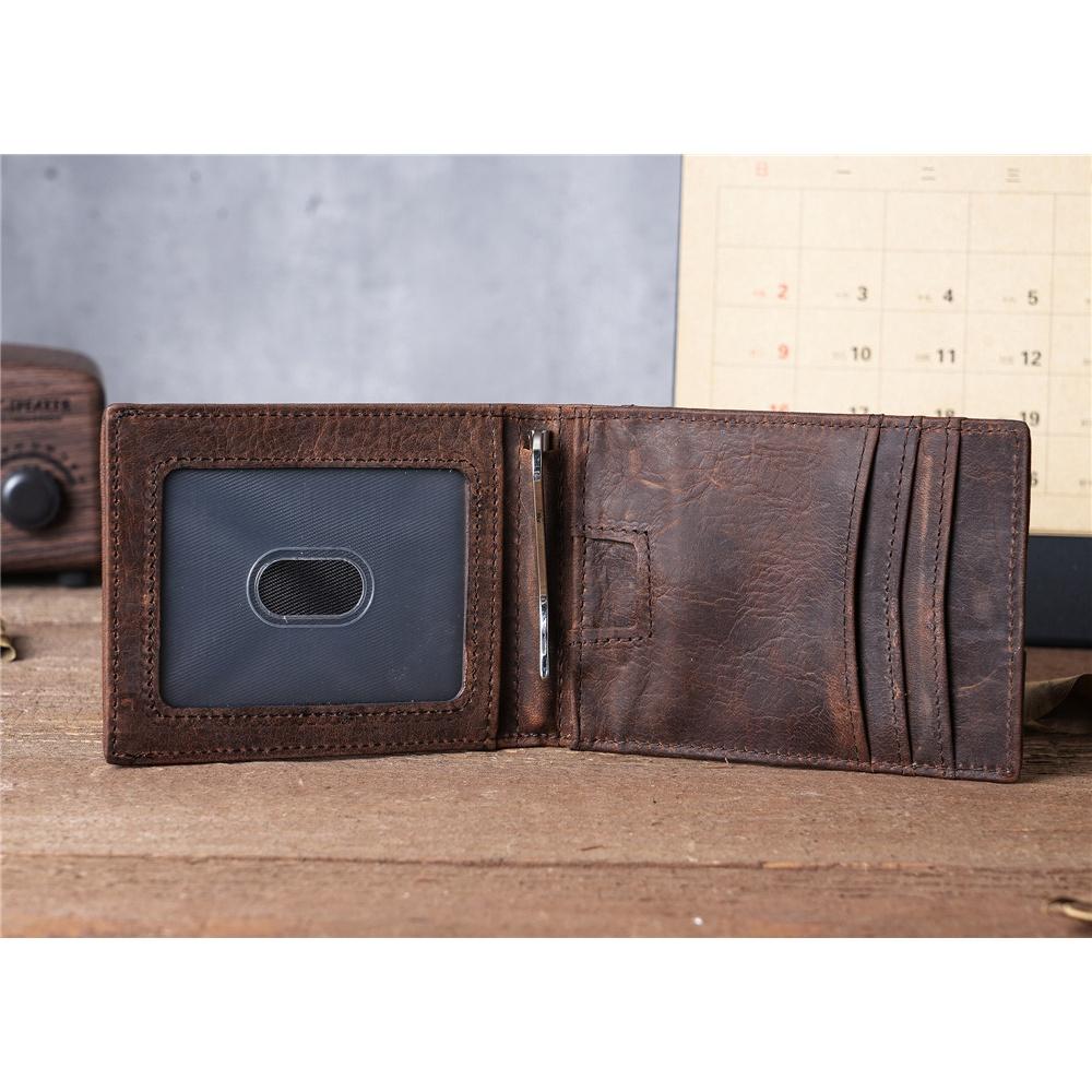 Genuine Cowhide Leather Men's Short Wallet Vintage Slim Card Holder with Money Dollar Cash Clip Classic Leather Credit Card Holder for Men Daily Use