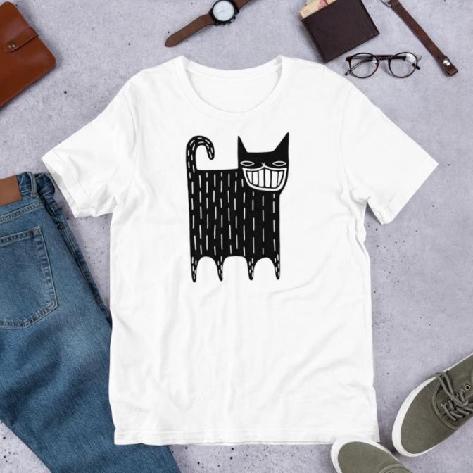 Cute Abstract Black Cat Line Art T Shirt Minimalist Grinning Cat Design Shortsleeved Tee Aesthetic Casual Top for WomenGirls