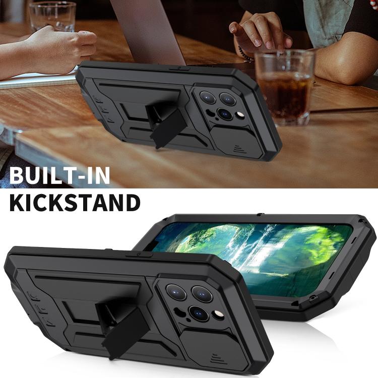 Dla iPhone 13 Pro R-JUST Przesuwana Osłona Aparatu Odporna na Wstrząsy Wodoodporna Żywotnie Pyłoszczelna Metal + Silikon Pokrowiec Ochronny z Uchwytem