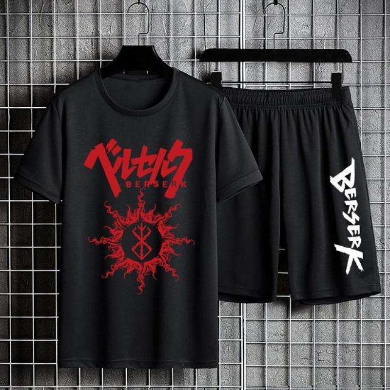 

Костюмы из двух предметов в стиле аниме «Берсерк», черный спортивный костюм, повседневный комплект, рубашка из 100% хлопка с короткими рукавами, летние шорты на шнурке, пятые брюки 4XL