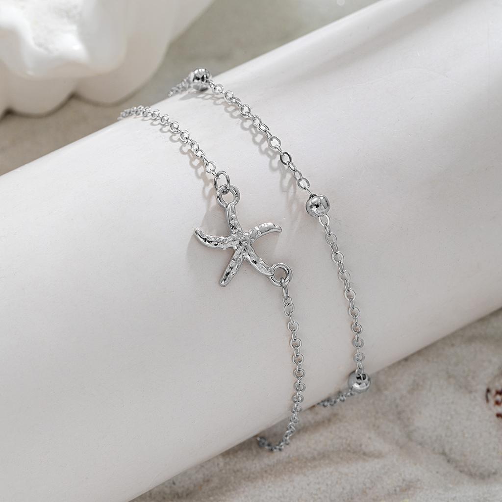 Women's Double-Layer Starfish Anklet, Gold Thin Chain Beaded Anklet, Niche Design Ankle Chain for Seaside Vacation Style