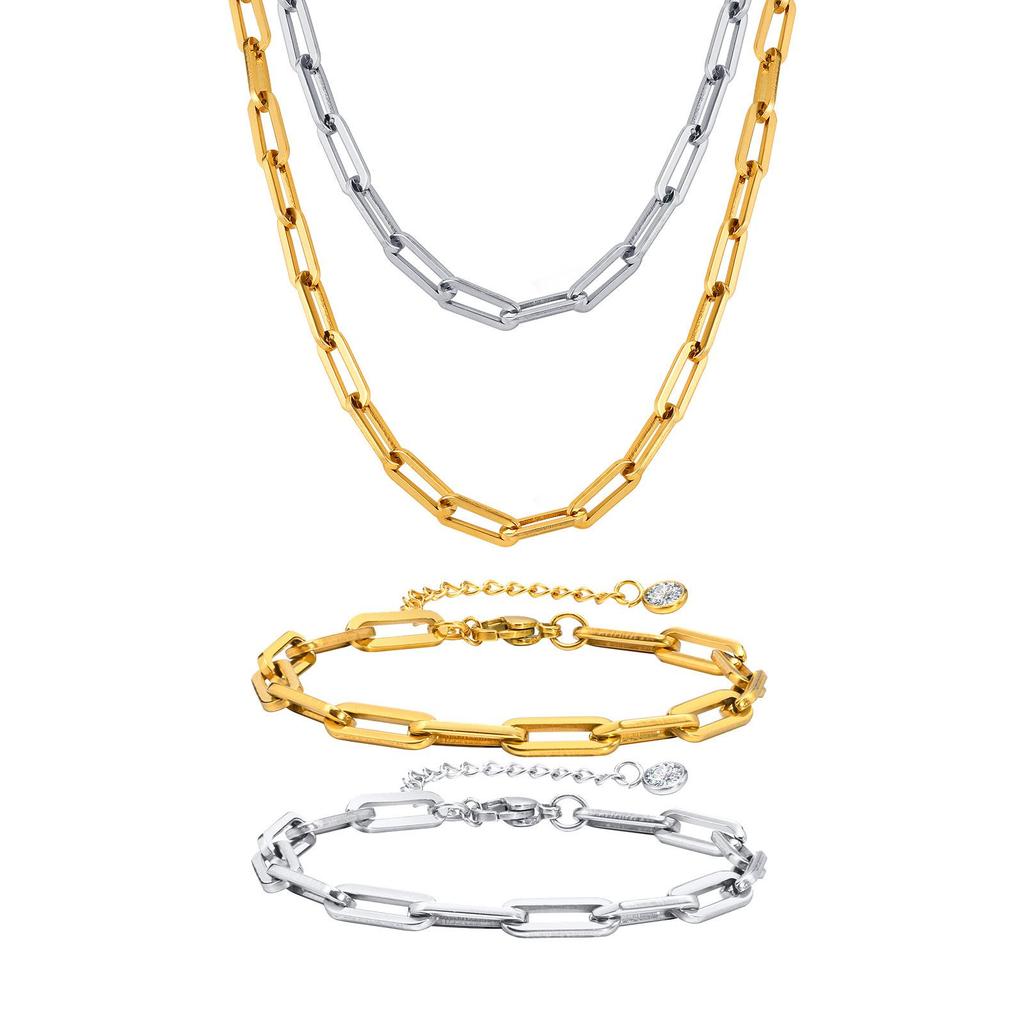 18K Gold Women's Stainless Steel Rectangular Link Chain Necklace - European & American Style Jewelry 1822.