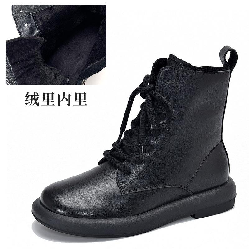Short Boots Soft Leather Women's Round Head Lace-up High-top Boots Autumn and Winter Versatile Martin Boots Single Boots Women's Cotton Boots