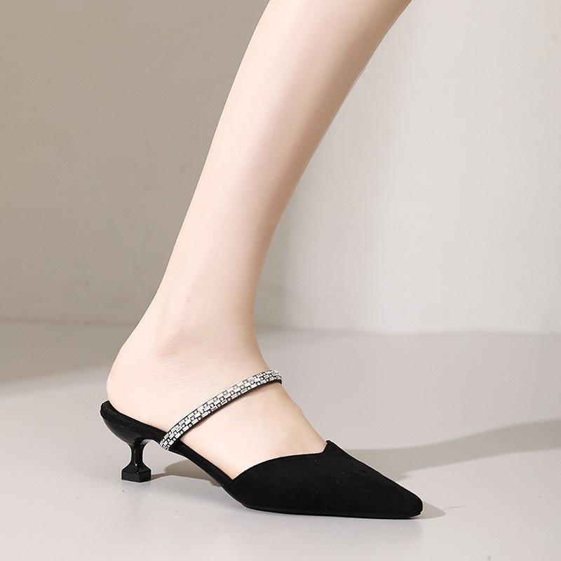 Pointed Sandals French High Heels 2025 New Rhinestone Fashion Bag Head Sandals Head Thick Heel Wear Half Slippers Women