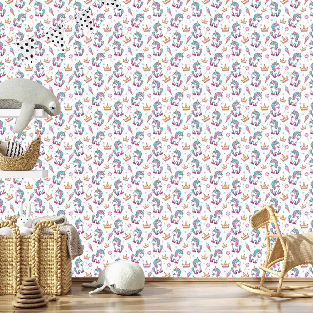 Unicorns Wallpaper White, Light Gray and Powder Pink 50x1000