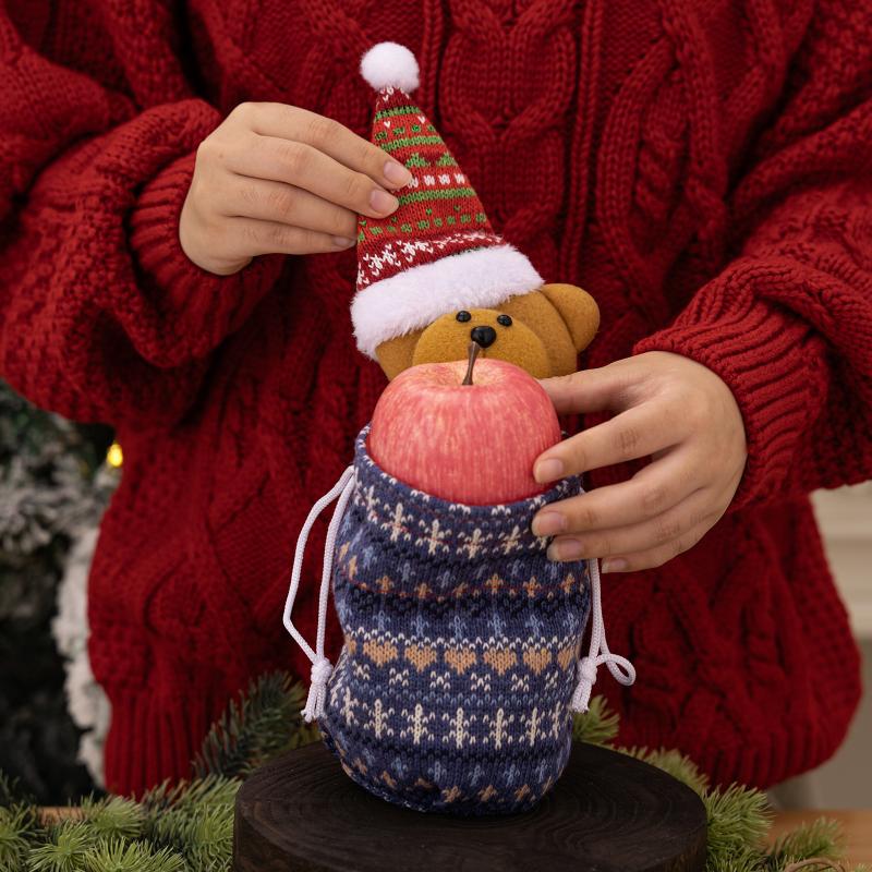 Christmas Knitted Gift Bags Set With Apple Doll Elk Santa Bear Design For Candy Storage Xmas Party Favors  Year Gifts Holiday