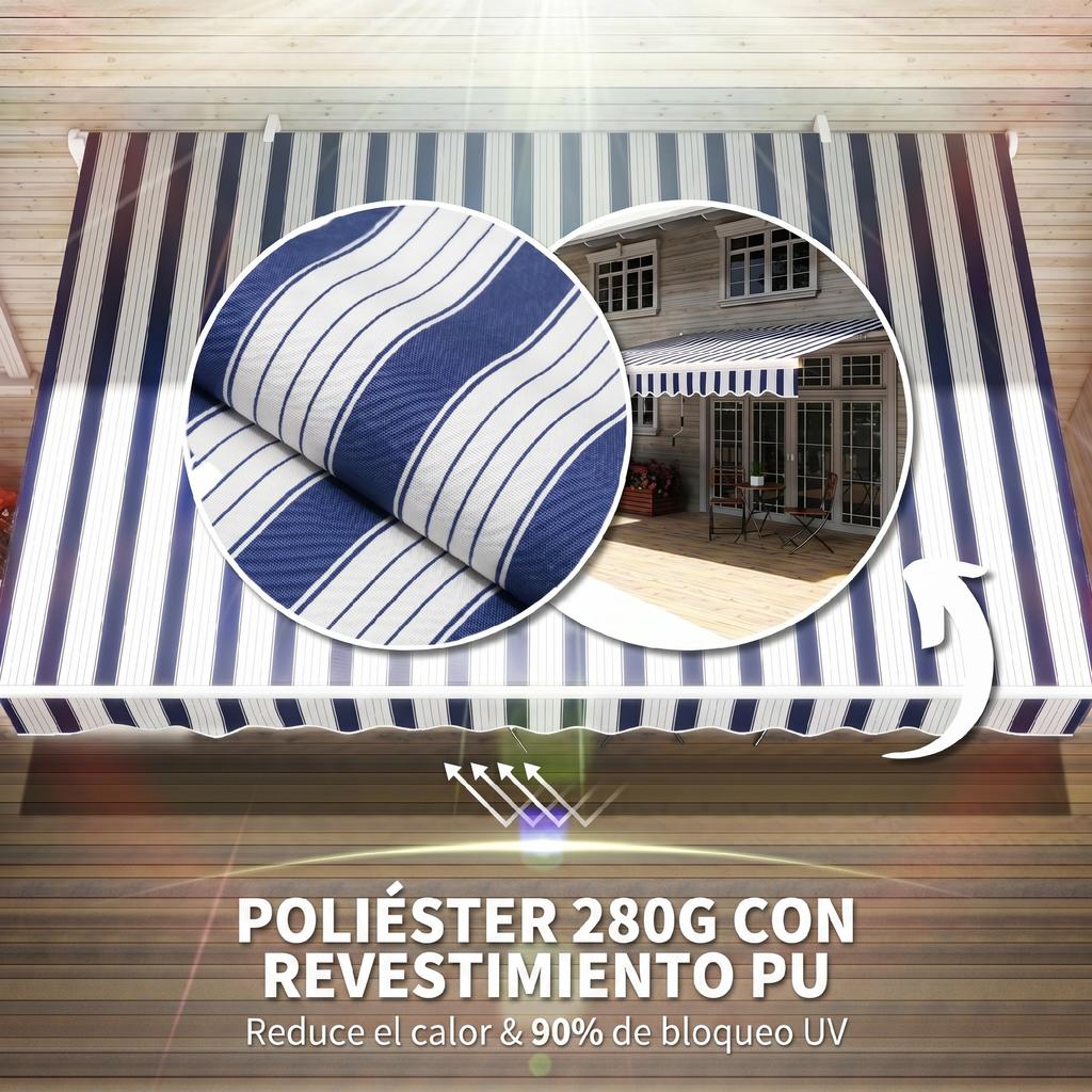 Manual Retractable Awning, 395 x 245 cm, Adjustable Angle, Anti-UV, Waterproof, Blue and White