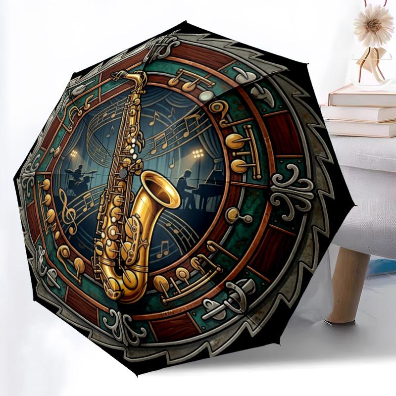 Saxophone Music Festival Emblem Pattern Umbrella, Portable and Foldable Design, 8 Ribs, a Casual Accessory for Friend's Birthday Gifts.