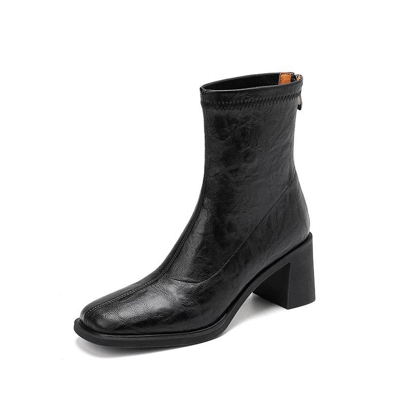 Genuine Leather Ankle Boots: Silent Sole High Heels, Elastic Skinny Fit, Autumn Winter Comfort, Retro Chunky Heel