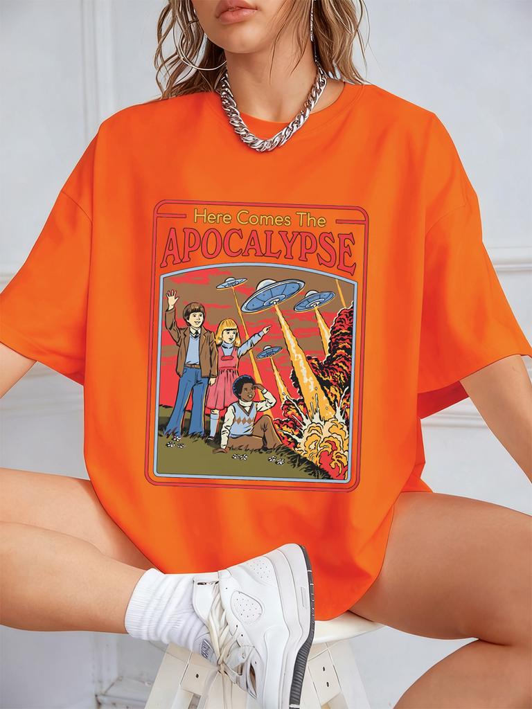 Here Comes The Apocalypse Ufo Prints TShirts Womens Summer Cotton Short Sleeve Tops Loose ONeck Soft T Shirt Street Clothes