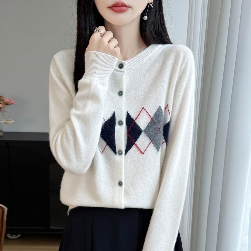 Early Autumn Women's New Trendy Retro Academic Style Wool Round-neck Diamond-patterned Color-blocking Knitted Cardigan Coat