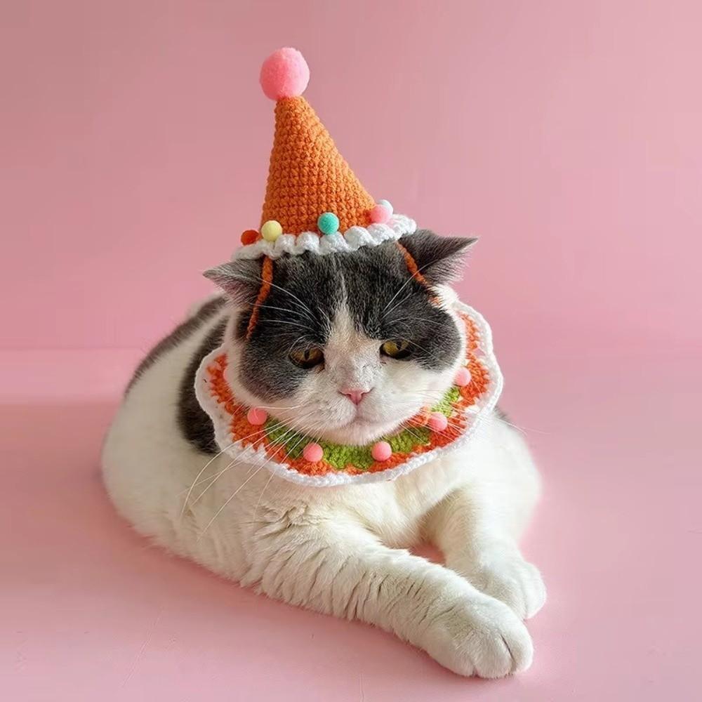 Cute Cat Birthday Hat Pet Birthday Party Dress Up Dog Neck Set Photo Decoration Handmade Dog Accessories for Small Dogs Puppy