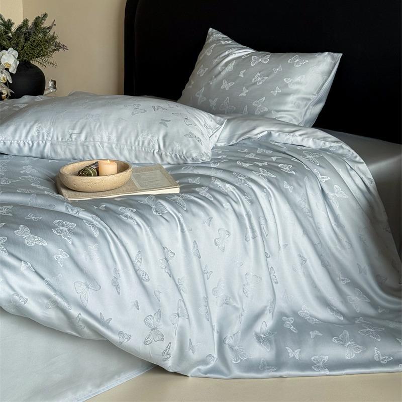 Light Luxury Lenzing Tencel Four-Piece Set, Summer Lyocell Jacquard Flower Quilt Cover, Ice Silk Nude Single Three-Piece Set