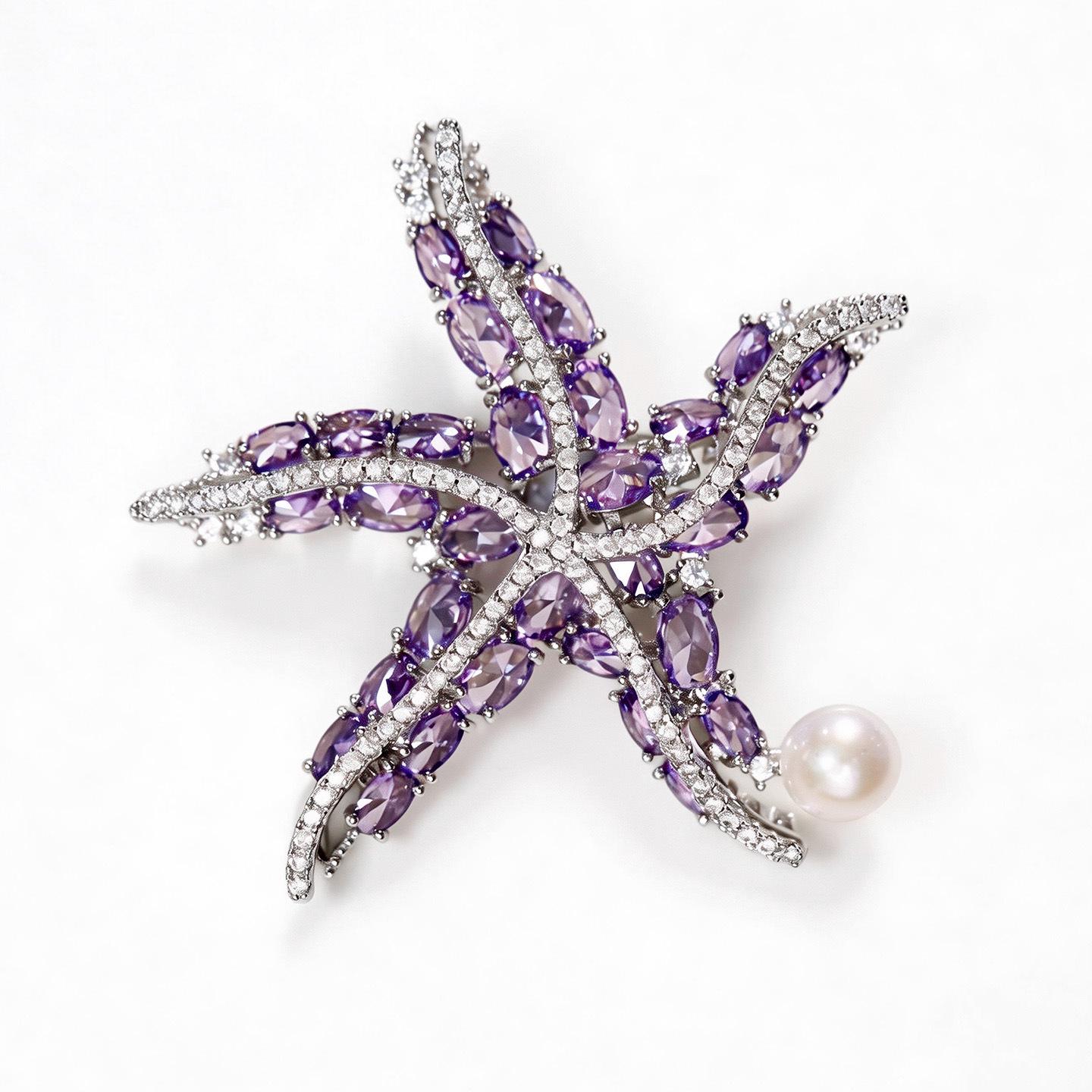 Bo Xin Yun Copper  Zircon Starfish Brooch with Purple Crystal  Freshwater Pearl