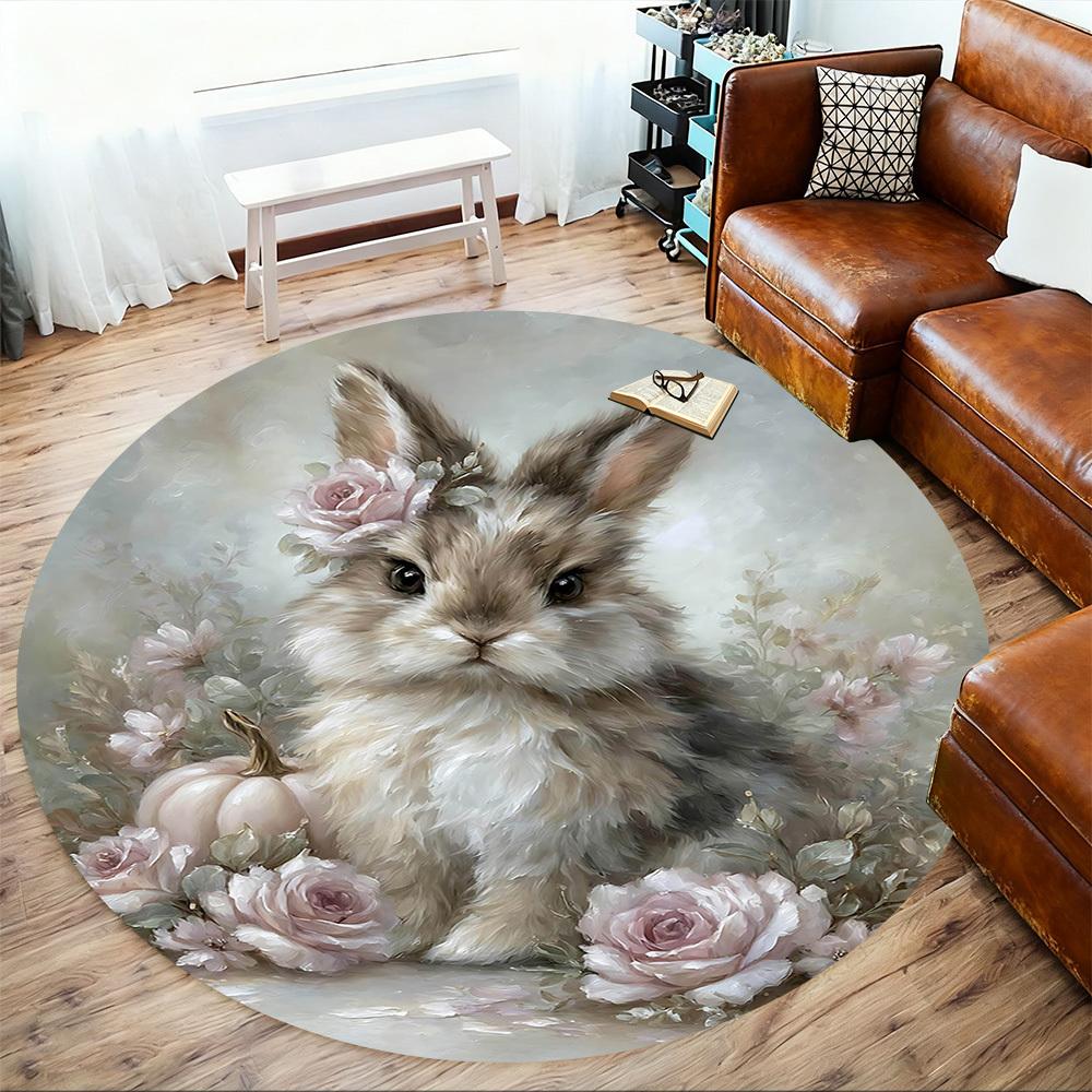 1pc rabbit flowers Round Chair mat Area Rug - Non-Slip, Floor Mat for Office, Bedroom, and Indoor Decor-1002310
