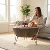Modern Round Wooden Coffee Table | Solid Wood Center Table with Metal Hairpin Legs | Minimalist Mid-Century Living Room Furniture