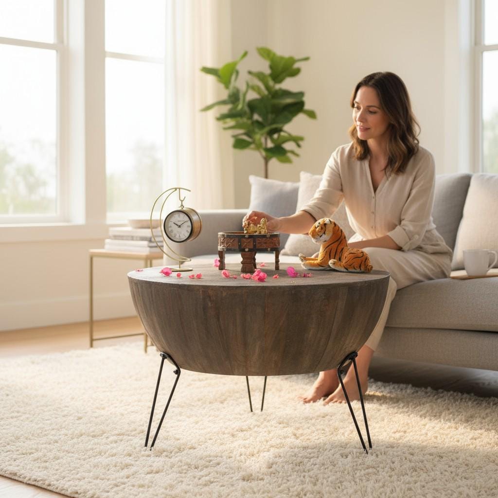 Modern Round Wooden Coffee Table | Solid Wood Center Table with Metal Hairpin Legs | Minimalist Mid-Century Living Room Furniture