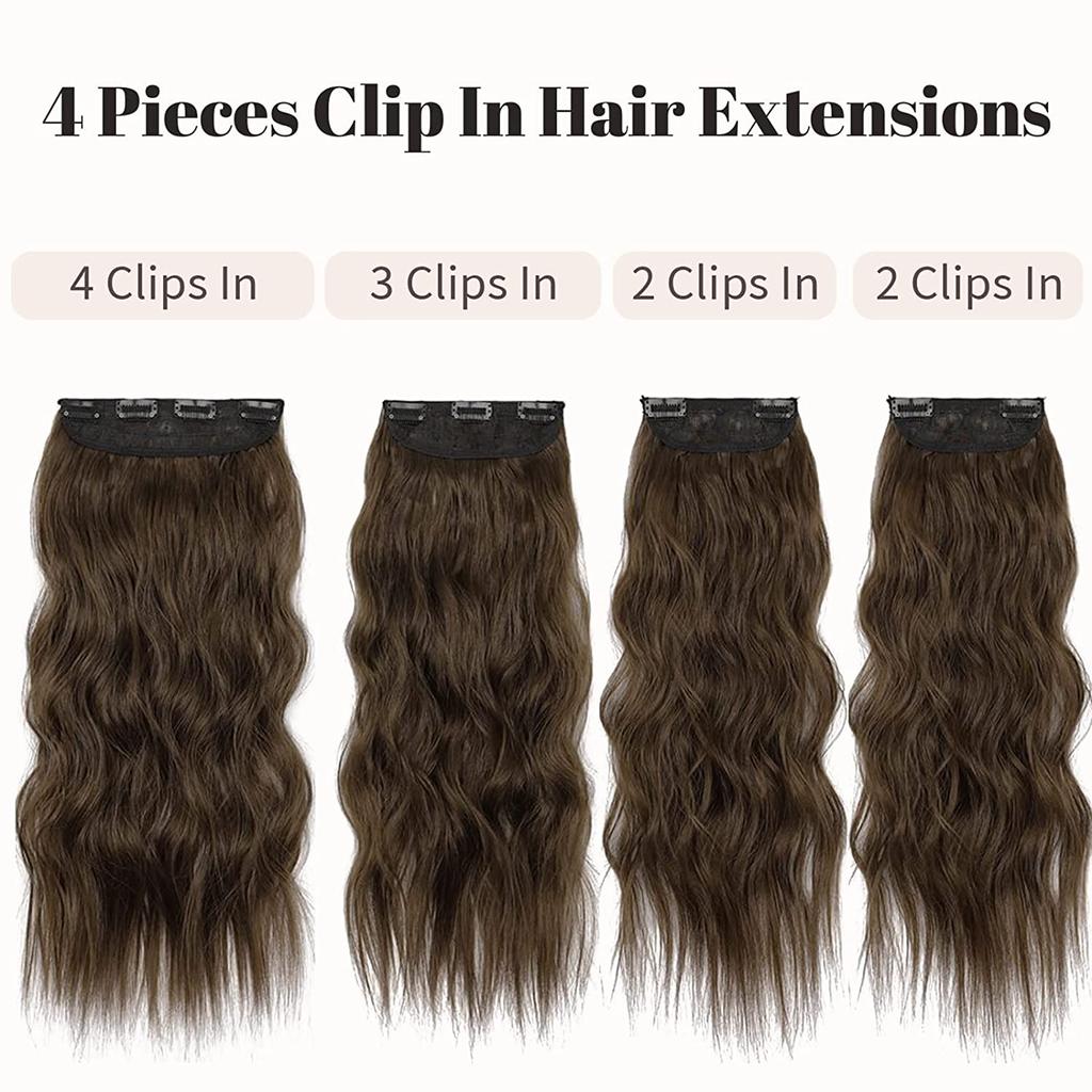 MISSQUEEN Light Brown Long Wavy Hair Extensions Synthetic Fiber Natural 4 Pieces Clip On Hairpiece Women Fashion Daily Wear Hair