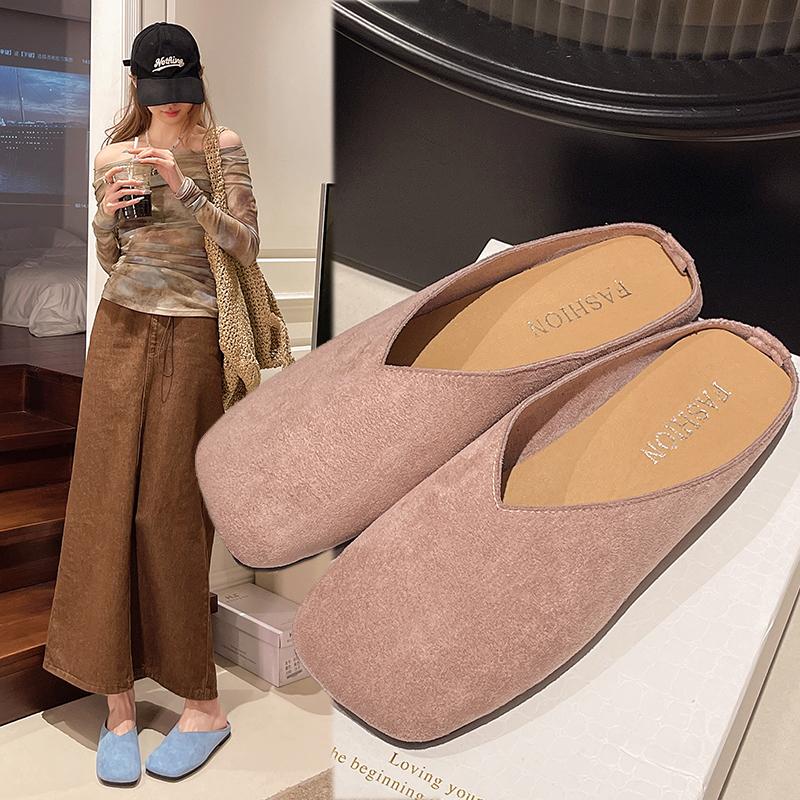 Fashion Baotou semi-topless women's 2025 Spring and autumn new versatile and simple one-foot comfortable Muller square toe flat shoes