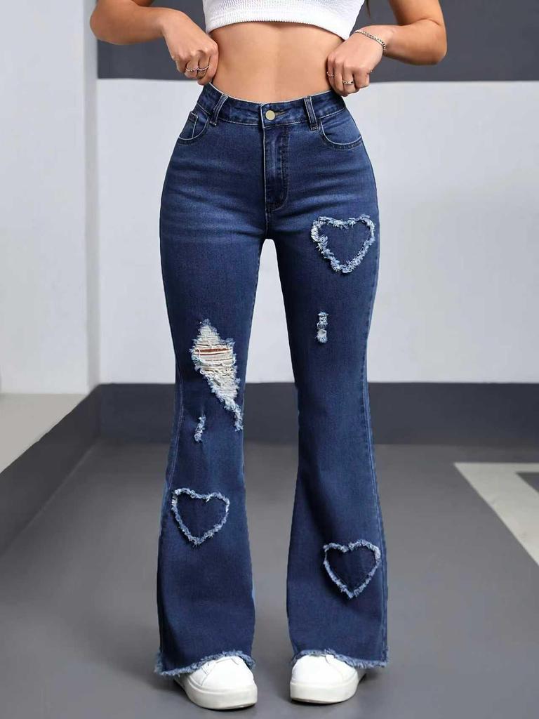 Damen Vielseitige Hell-/Dunkelblaue Schlagjeans mit Modischer Herz-Verzierung und Ripped-Design - Kollektion 2025
