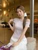 Contrasting stripes sexy slanted shoulder knitted short-sleeved t-shirt women's summer new slim and thin off-the-shoulder top