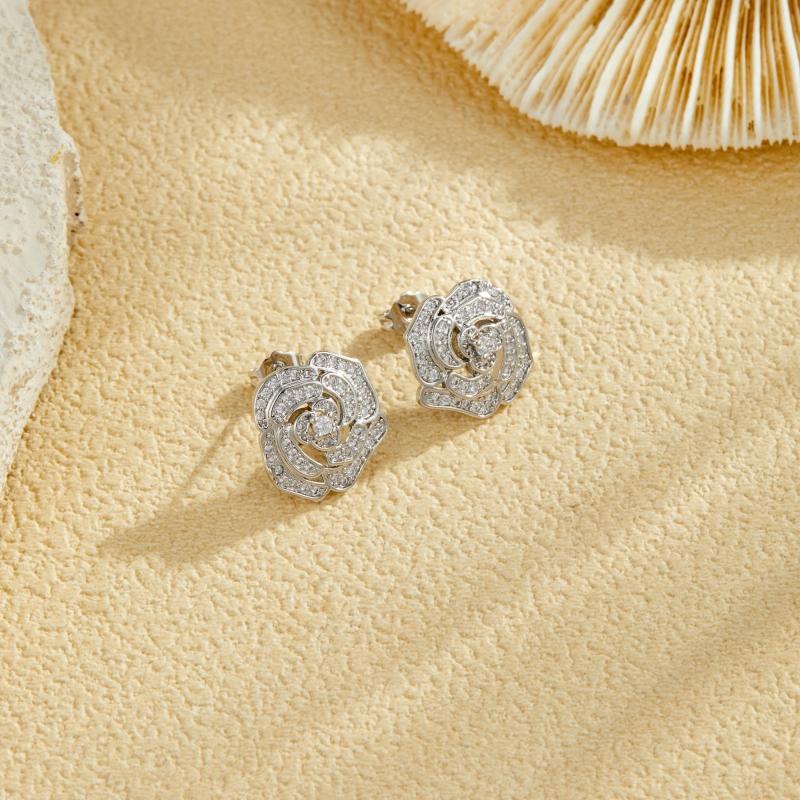 New Fashion Shiny Zirconia Inlaid Rose-shaped Stud Earrings Women's Trend Luxury Copper Earrings Birthday Party Jewellery Gifts