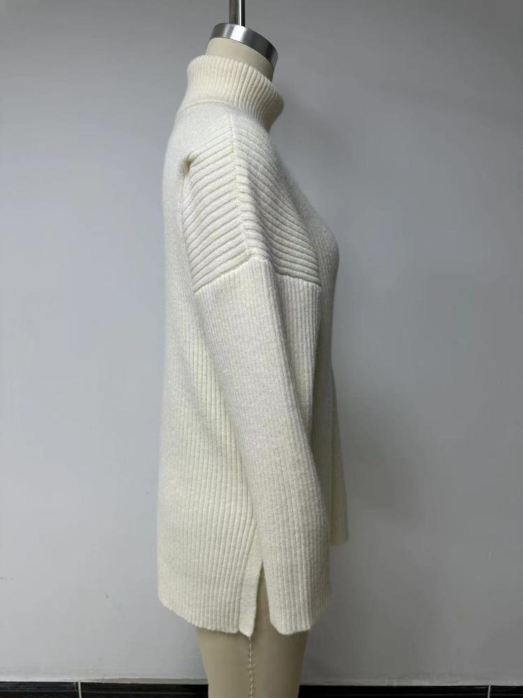 Autumn Winter Women's High Neck Oversized Pullover Split Long Sleeve High Neck Ribbed Knit Sweater Luxurious Relaxed-fit Slimming and Versatile Top