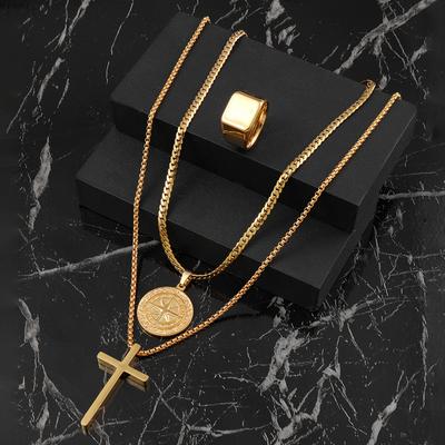 Stainless Steel Jewelry Round Compass Necklace Hip Hop Personality Titanium Steel Neck Chain Accessories Three-Piece Set