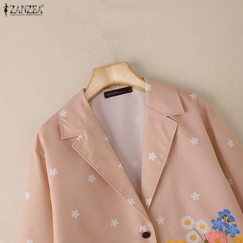 ZANZEA Bluză lejeră cu mânecă lungă, cu imprimeu liber, cu guler răsturnat