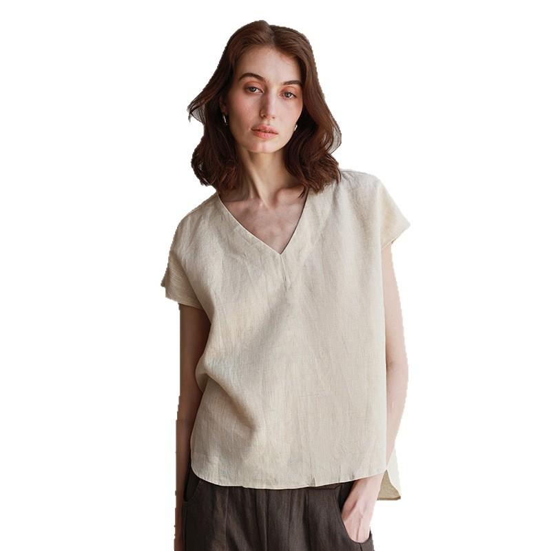 Exclusive for V-neck tops for women's front short and rear long solid color pure linen versatile short sleeves t