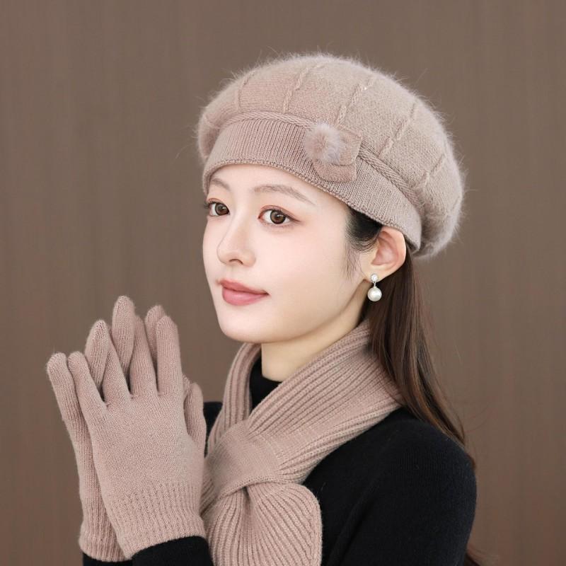 Womens Knitted Beret Hat Winter Warm Rabbit Hair Beanie With Scarf Gloves Set British Style Elegant Cap Cold Weather