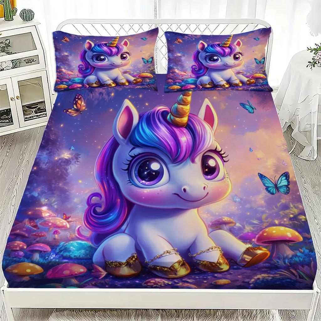 Unicorn Pattern 3D Fitted Sheets Set Cute Kids Bedding with 1/2 Pillowcases Boys Girls Bedroom Decor
